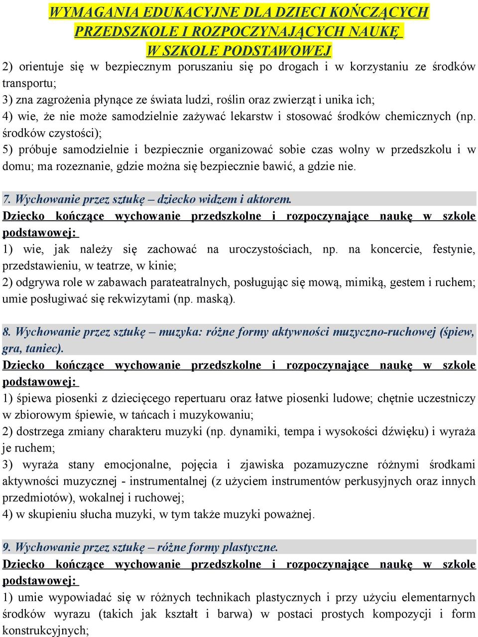 środków czystości); 5) próbuje samodzielnie i bezpiecznie organizować sobie czas wolny w przedszkolu i w domu; ma rozeznanie, gdzie można się bezpiecznie bawić, a gdzie nie. 7.