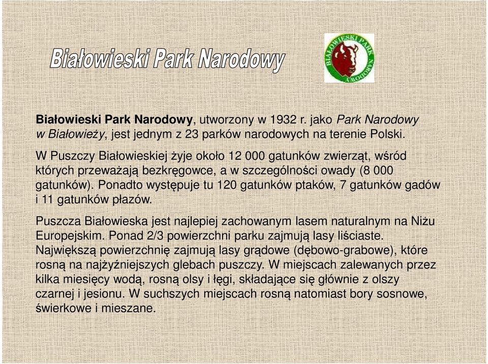 Ponadto występuje tu 120 gatunków ptaków, 7 gatunków gadów i 11 gatunków płazów. Puszcza Białowieska jest najlepiej zachowanym lasem naturalnym na Niżu Europejskim.
