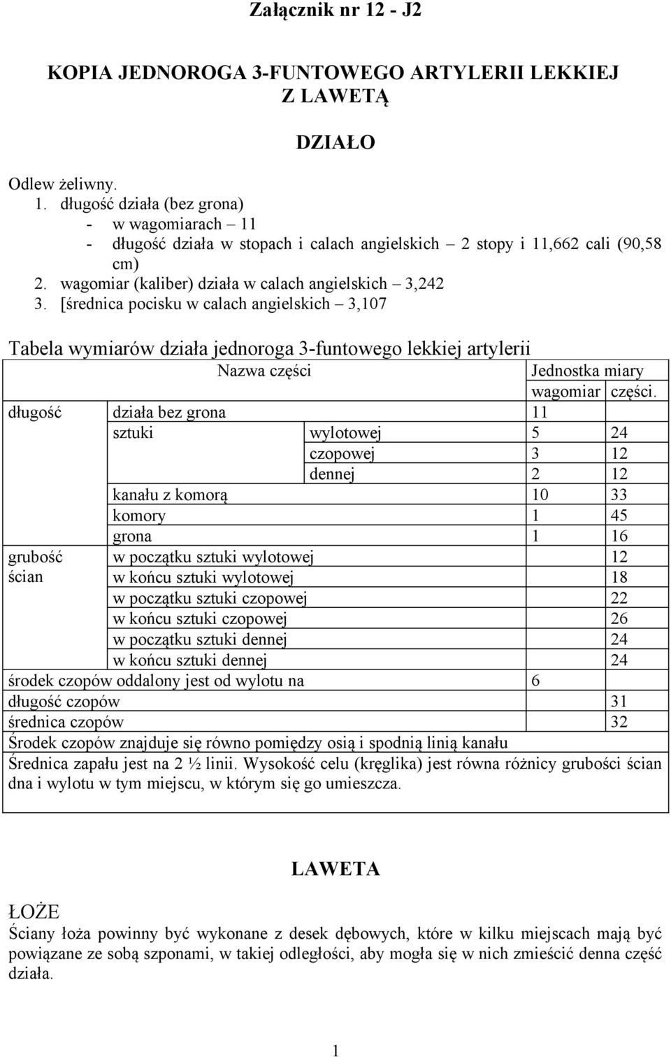 [średnica pocisku w calach angielskich 3,107 Tabela wymiarów działa jednoroga 3-funtowego lekkiej artylerii Nazwa części Jednostka miary wagomiar części.