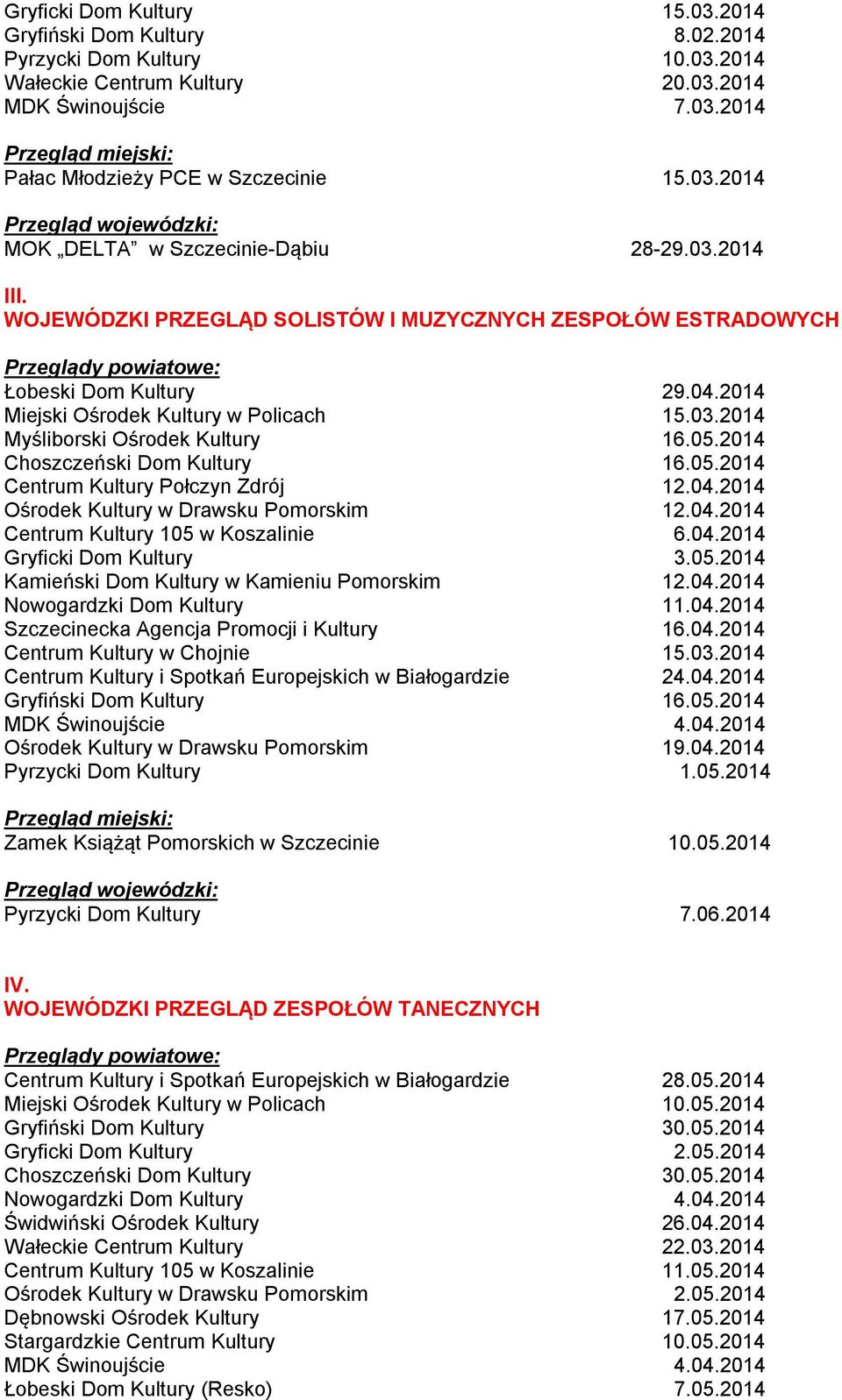 2014 Choszczeński Dom Kultury 16.05.2014 Centrum Kultury Połczyn Zdrój 12.04.2014 Ośrodek Kultury w Drawsku Pomorskim 12.04.2014 Centrum Kultury 105 w Koszalinie 6.04.2014 Gryficki Dom Kultury 3.05.2014 Kamieński Dom Kultury w Kamieniu Pomorskim 12.