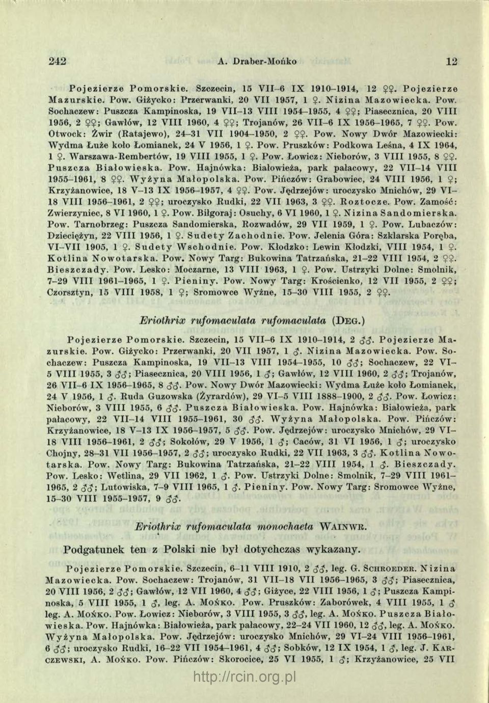 ?. Pow. Otwock: Żwir (Ratajew o), 24-31 V II 1904-1950, 2 $ 9. Pow. Nowy Dwór Mazowiecki: W ydm a Łuże koło Łom ianek, 24 V 1956, 1 9- Pow.