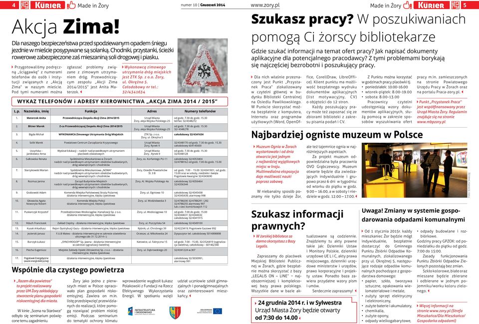 Przygotowaliśmy podręczną ściągawkę z numerami telefonów do osób i instytucji związanych z Akcją Zima w naszym mieście. Pod tymi numerami można L.p. Nazwisko, imię Funkcja Adres Numery telefonów 1.
