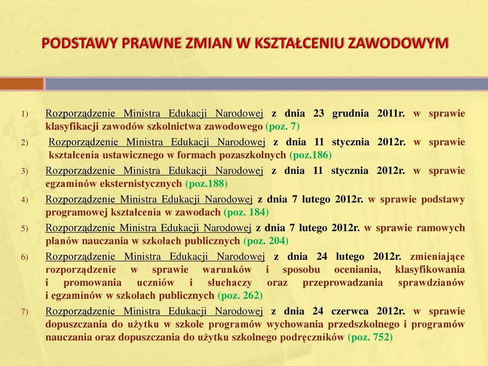 186) 3) Rozporządzenie Ministra Edukacji Narodowej z dnia 11 stycznia 2012r. w sprawie egzaminów eksternistycznych (poz.188) 4) Rozporządzenie Ministra Edukacji Narodowej z dnia 7 lutego 2012r.