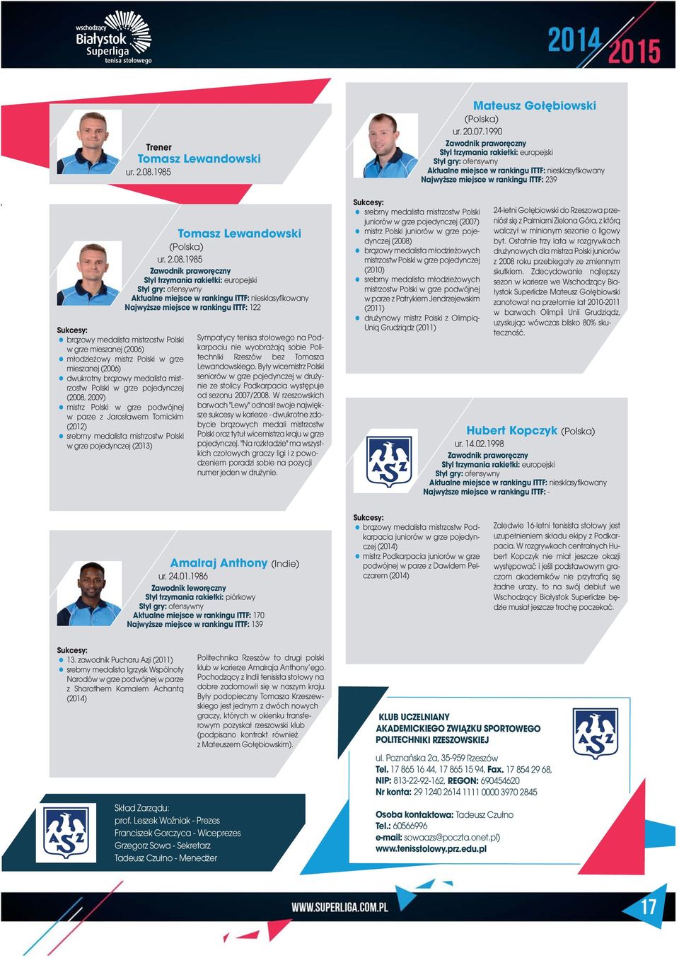w grze pojedynczej (2008, 2009) mistrz Polski w grze podwójnej w parze z Jarosławem Tomickim (2012) srebrny medalista mistrzostw Polski w grze pojedynczej (2013) Tomasz Lewandowski (Polska) ur. 2.08.1985 Najwyższe miejsce w rankingu ITTF: 122 Sympatycy tenisa stołowego na Podkarpaciu nie wyobrażają sobie Politechniki Rzeszów bez Tomasza Lewandowskiego.