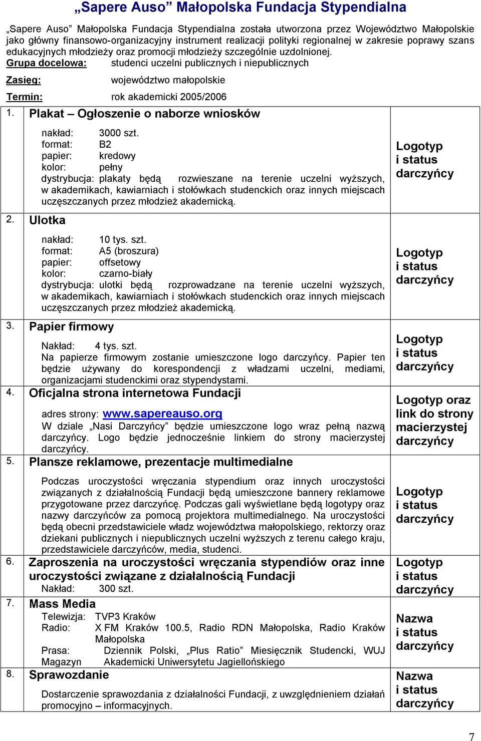 Grupa docelowa: studenci uczelni publicznych i niepublicznych Zasięg: województwo małopolskie Termin: rok akademicki 2005/2006 1. Plakat Ogłoszenie o naborze wniosków 2. Ulotka nakład: 3000 szt.