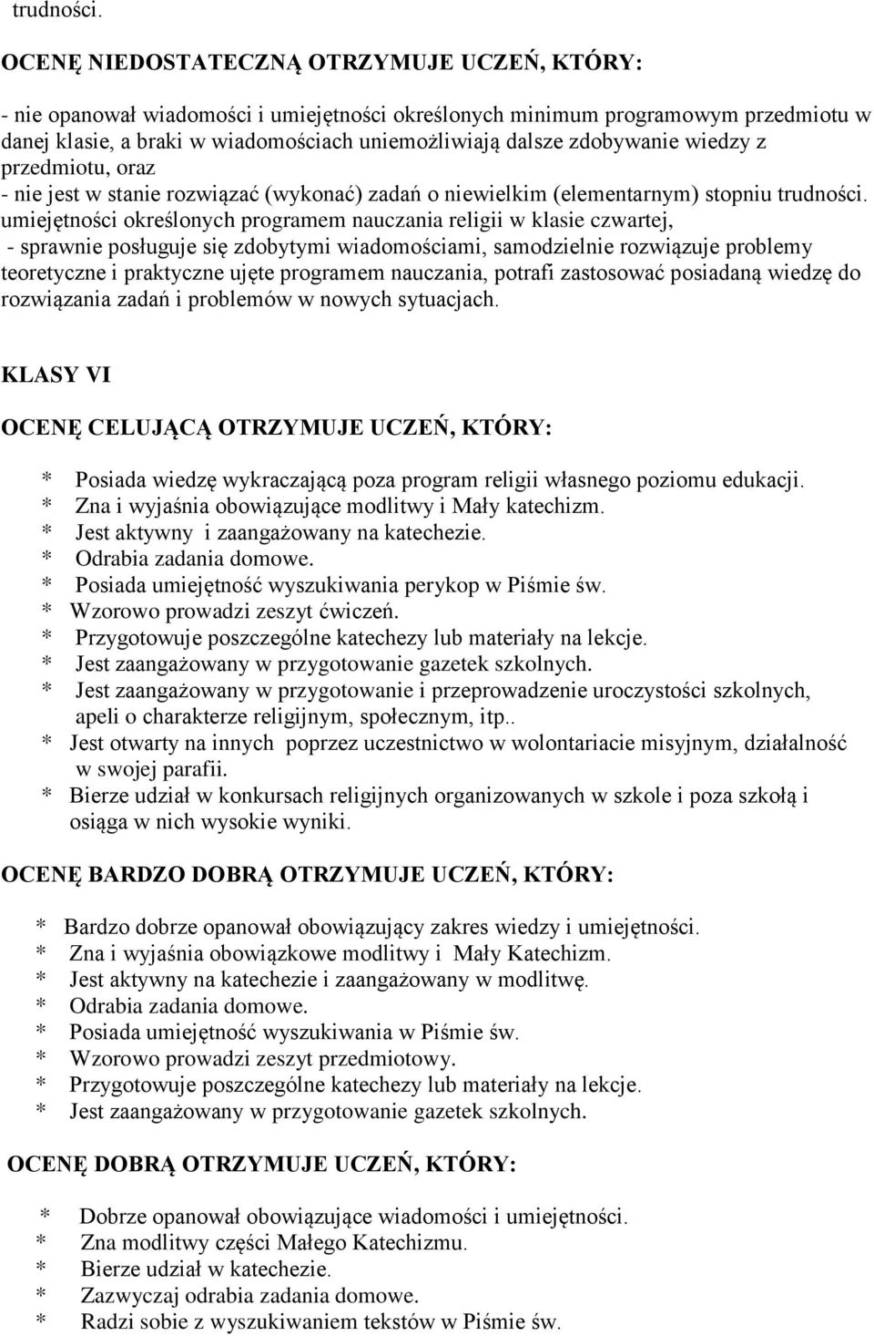 stanie rozwiązać (wykonać) zadań o niewielkim (elementarnym) stopniu  umiejętności określonych programem nauczania religii w klasie czwartej, - sprawnie posługuje się zdobytymi wiadomościami,