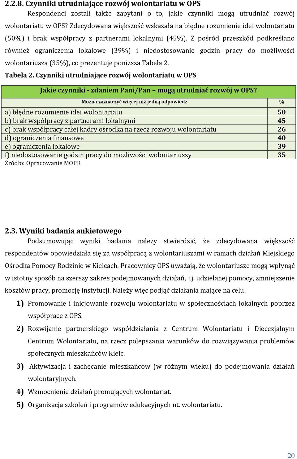 Z pośród przeszkód podkreślano również ograniczenia lokalowe (39%) i niedostosowanie godzin pracy do możliwości wolontariusza (35%), co prezentuje poniższa Tabela 2.