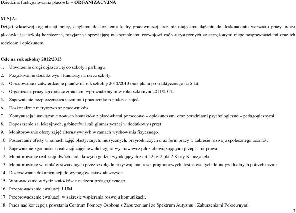 Utworzenie drogi dojazdowej do szkoły i parkingu. 2. Pozyskiwanie dodatkowych funduszy na rzecz szkoły. 3.