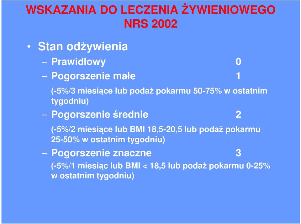 średnie 2 (-5%/2 miesiące lub BMI 18,5-20,5 lub podaż pokarmu 25-50% w ostatnim