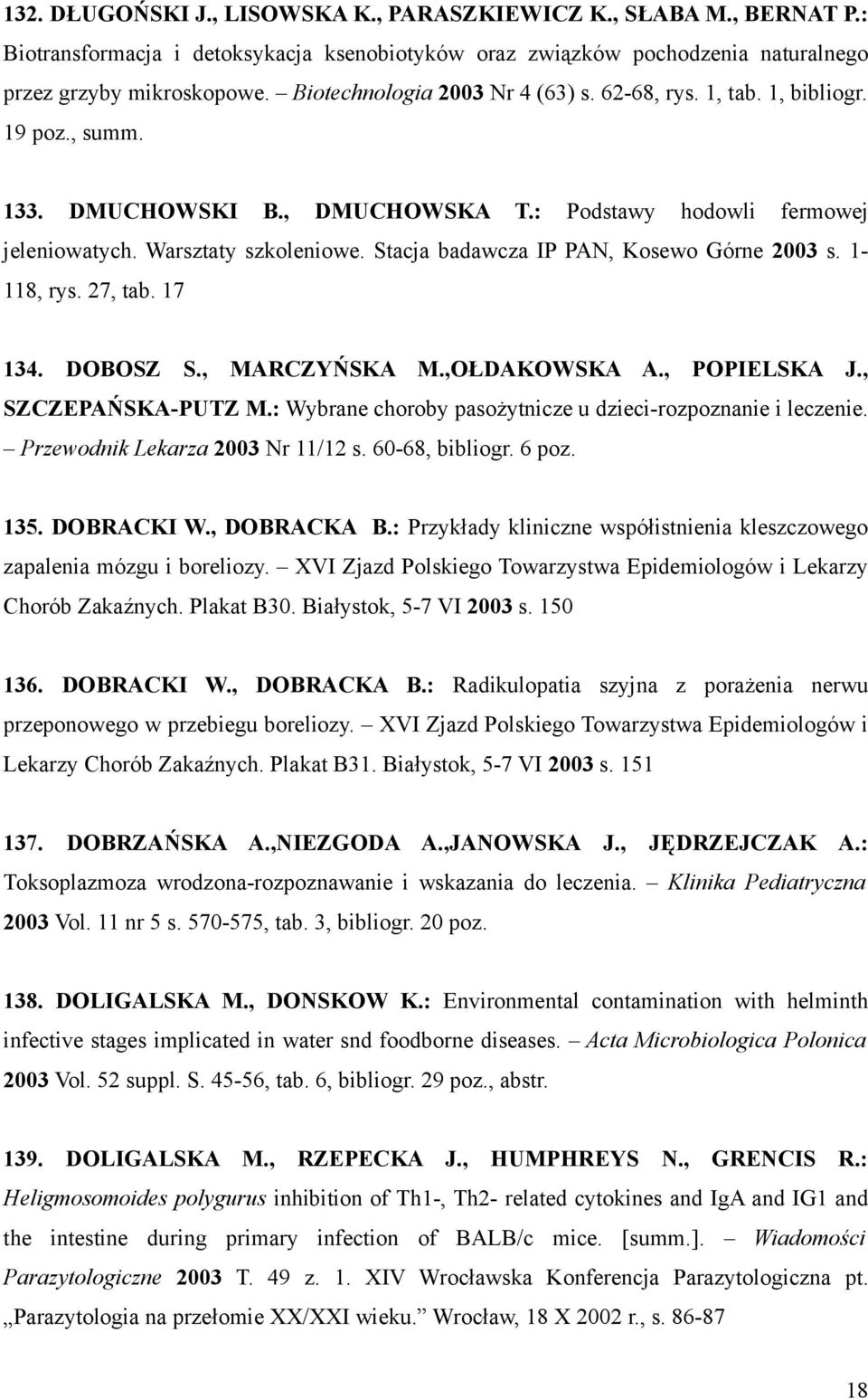 Stacja badawcza IP PAN, Kosewo Górne 2003 s. 1-118, rys. 27, tab. 17 134. DOBOSZ S., MARCZYŃSKA M.,OŁDAKOWSKA A., POPIELSKA J., SZCZEPAŃSKA-PUTZ M.