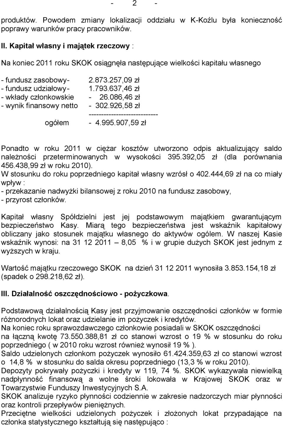 637,46 zł - wkłady członkowskie - 26.086,46 zł - wynik finansowy netto - 302.926,58 zł ---------------------------- ogółem - 4.995.