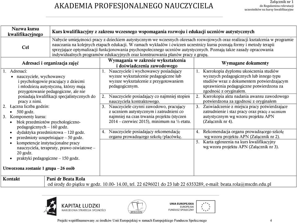 Kurs kwalifikacyjny z zakresu wczesnego wspomagania rozwoju i edukacji uczniów autystycznych Nabycie umiejętności pracy z dzieckiem autystycznym we wczesnych okresach rozwojowych oraz realizacji