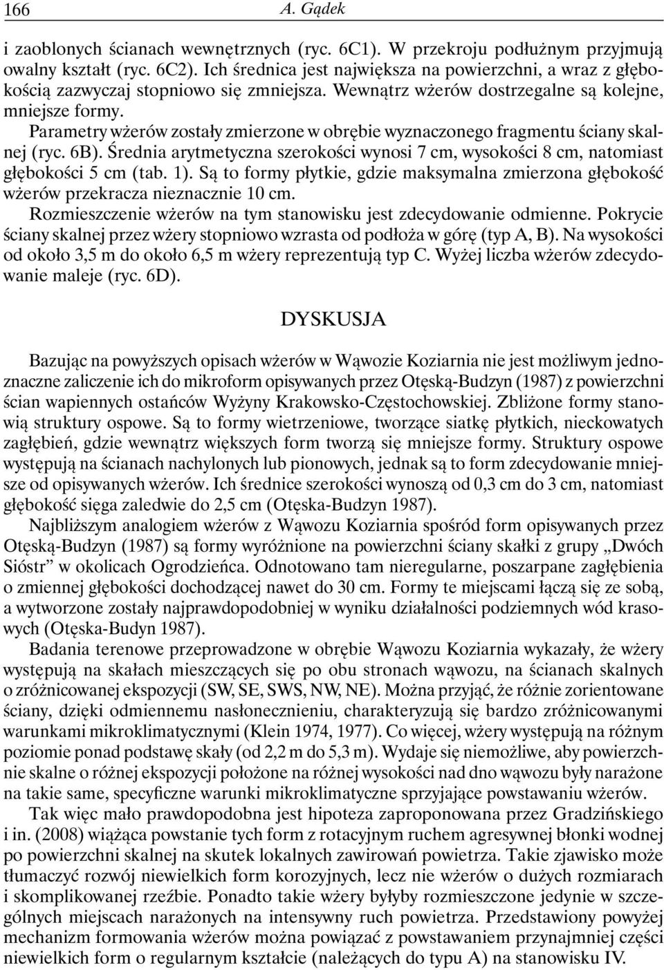 Parametry wżerów zostały zmierzone w obrębie wyznaczonego fragmentu ściany skalnej (ryc. 6B). Średnia arytmetyczna szerokości wynosi 7 cm, wysokości 8 cm, natomiast głębokości 5 cm (tab. 1).