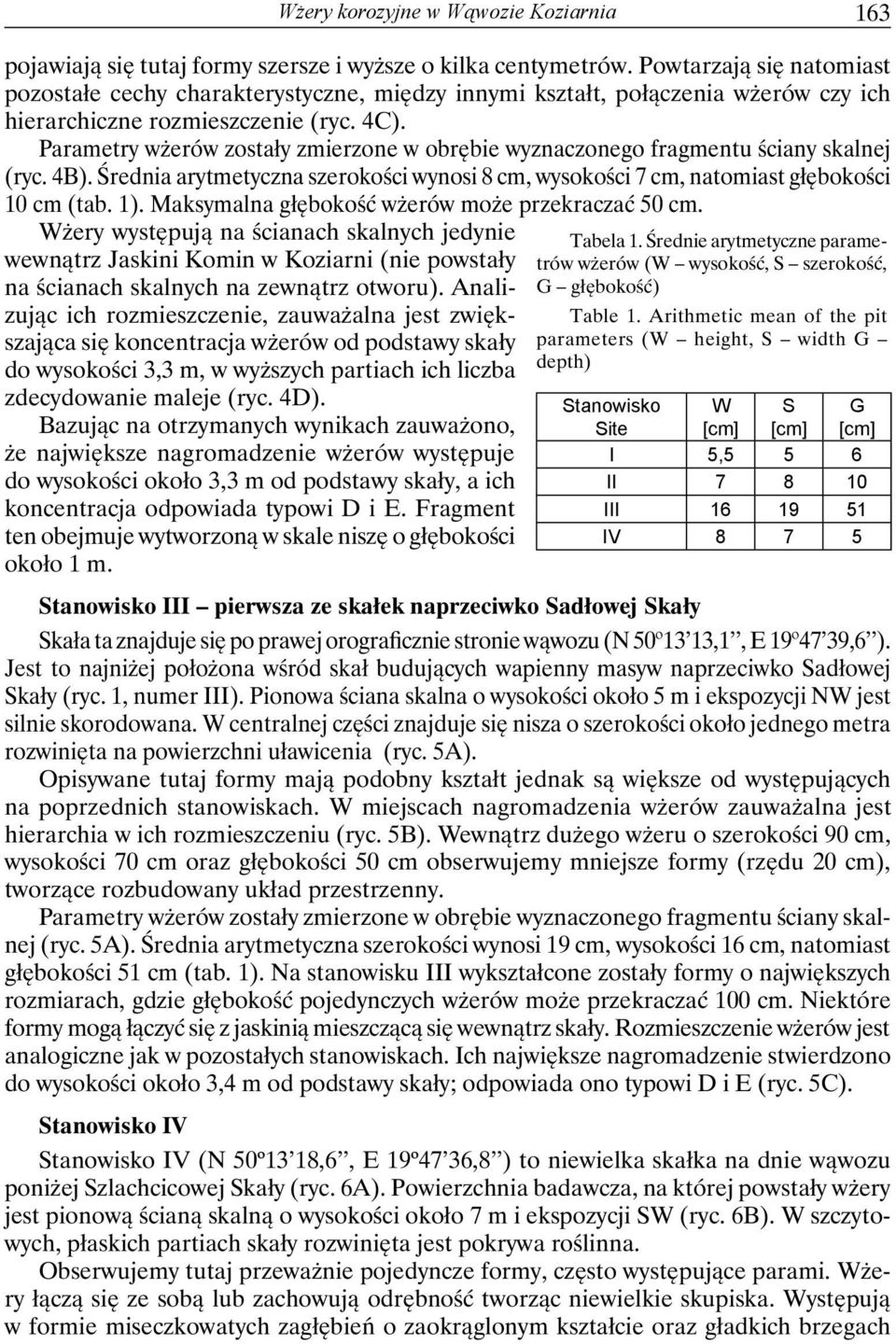 Parametry wżerów zostały zmierzone w obrębie wyznaczonego fragmentu ściany skalnej (ryc. 4B). Średnia arytmetyczna szerokości wynosi 8 cm, wysokości 7 cm, natomiast głębokości 10 cm (tab. 1).