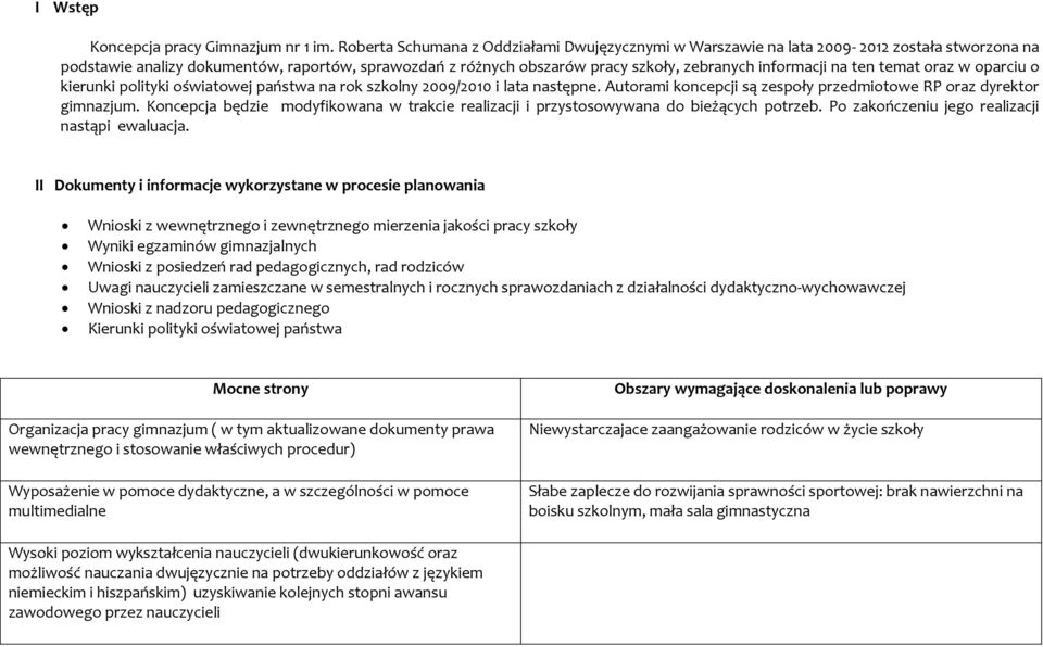 na ten temat oraz w oparciu o kierunki polityki oświatowej państwa na rok szkolny 2009/2010 i lata następne. Autorami koncepcji są zespoły przedmiotowe RP oraz dyrektor gimnazjum.