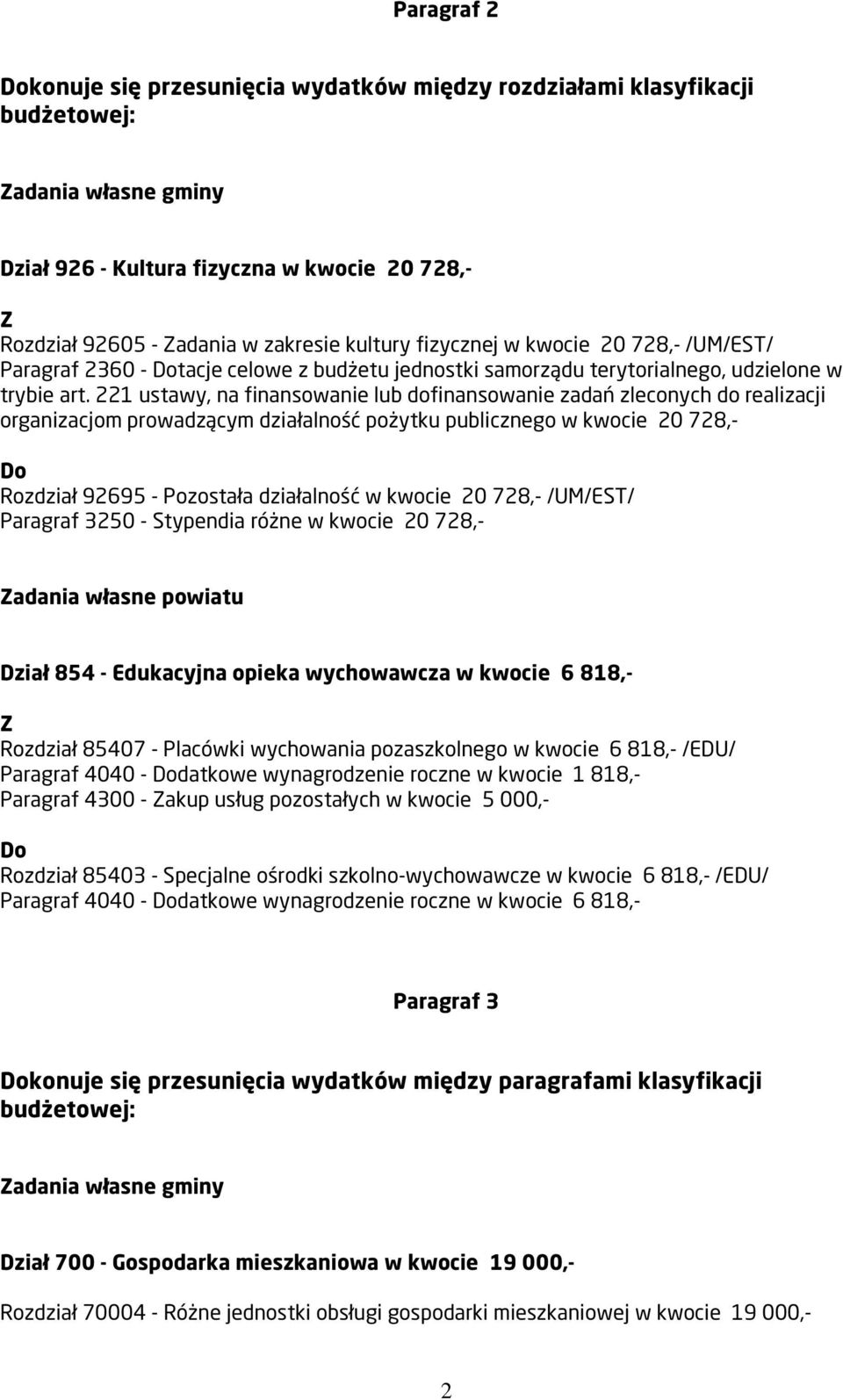 221 ustawy, na finansowanie lub dofinansowanie zadań zleconych do realizacji organizacjom prowadzącym działalność pożytku publicznego w kwocie 20 728,- Rozdział 92695 - Pozostała działalność w kwocie