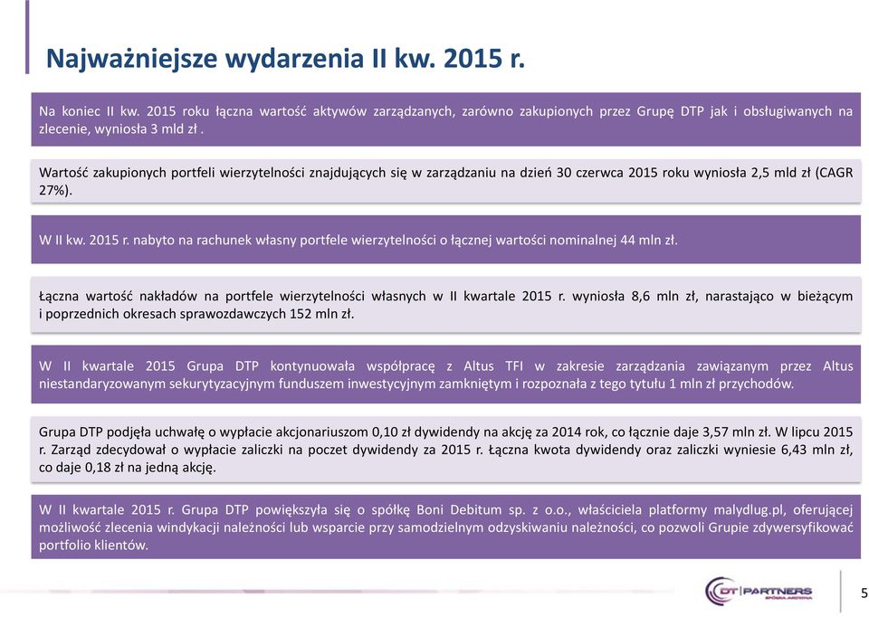 Łączna wartość nakładów na portfele wierzytelności własnych w II kwartale 2015 r. wyniosła 8,6 mln zł, narastająco w bieżącym i poprzednich okresach sprawozdawczych 152 mln zł.