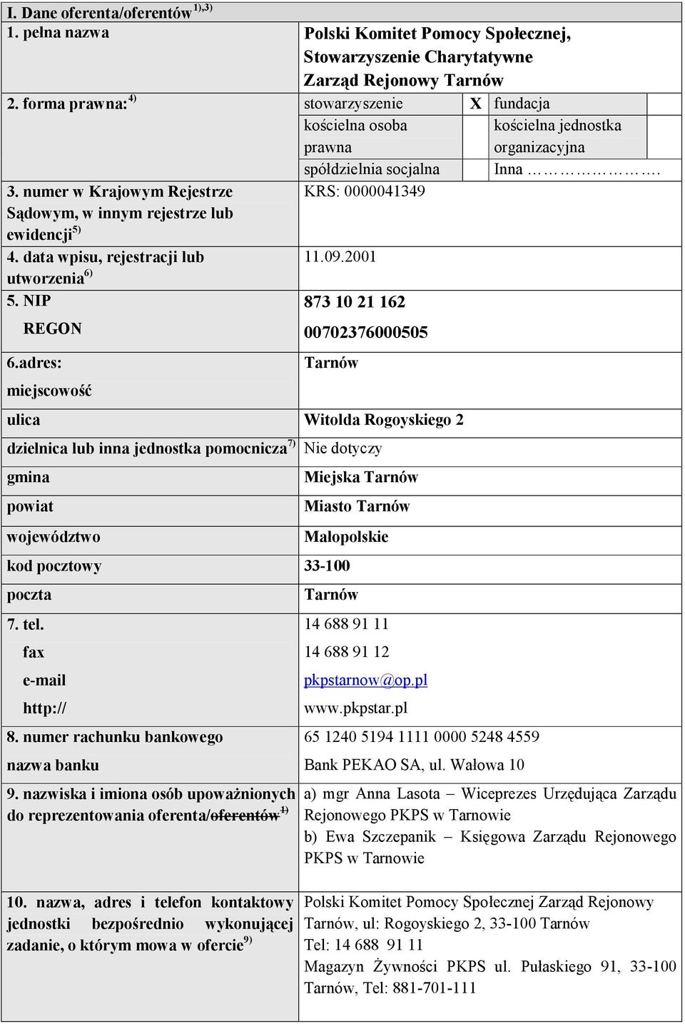 numer w Krajowym Rejestrze KRS: 0000041349 Sądowym, w innym rejestrze lub ewidencji 5) 4. data wpisu, rejestracji lub 11.09.2001 utworzenia 6) 5. NIP 873 10 21 162 REGON 6.