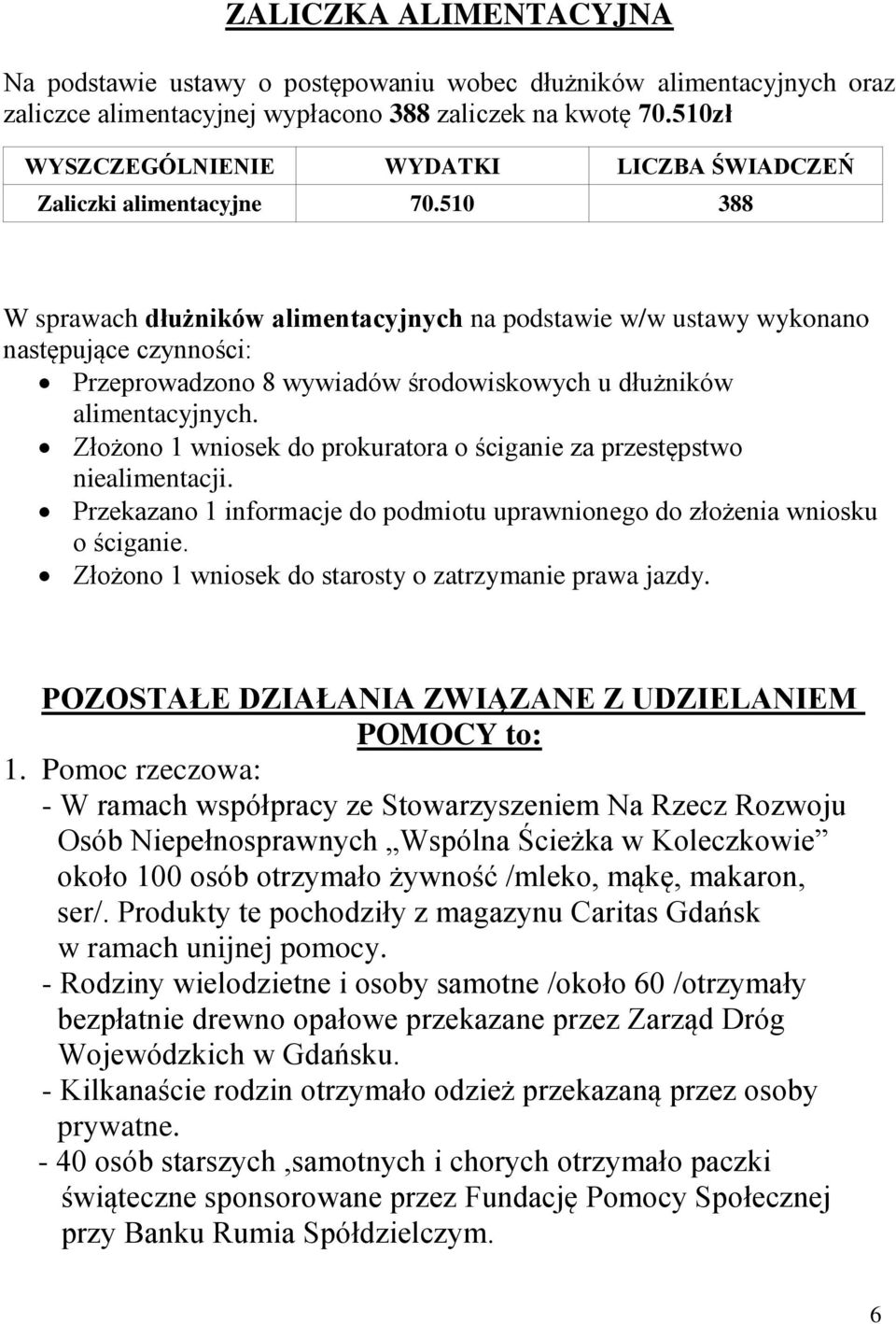 510 388 W sprawach dłużników alimentacyjnych na podstawie w/w ustawy wykonano następujące czynności: Przeprowadzono 8 wywiadów środowiskowych u dłużników alimentacyjnych.