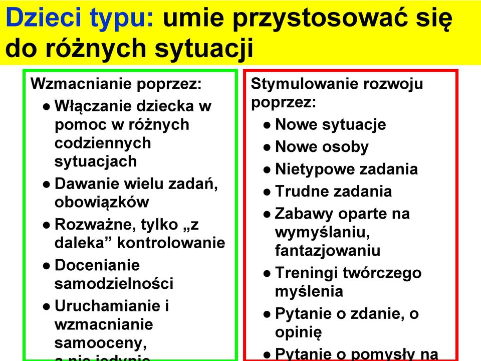 samodzielności Uruchamianie i wzmacnianie samooceny, Stymulowanie rozwoju poprzez: Nowe sytuacje Nowe osoby Nietypowe