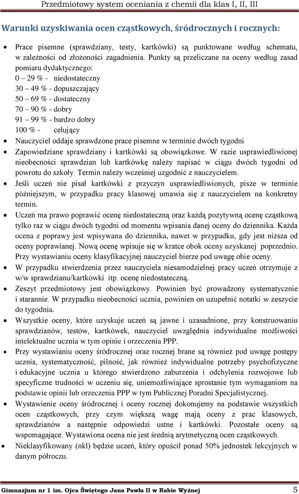 Nauczyciel oddaje sprawdzone prace pisemne w terminie dwóch tygodni Zapowiedziane sprawdziany i kartkówki są obowiązkowe.