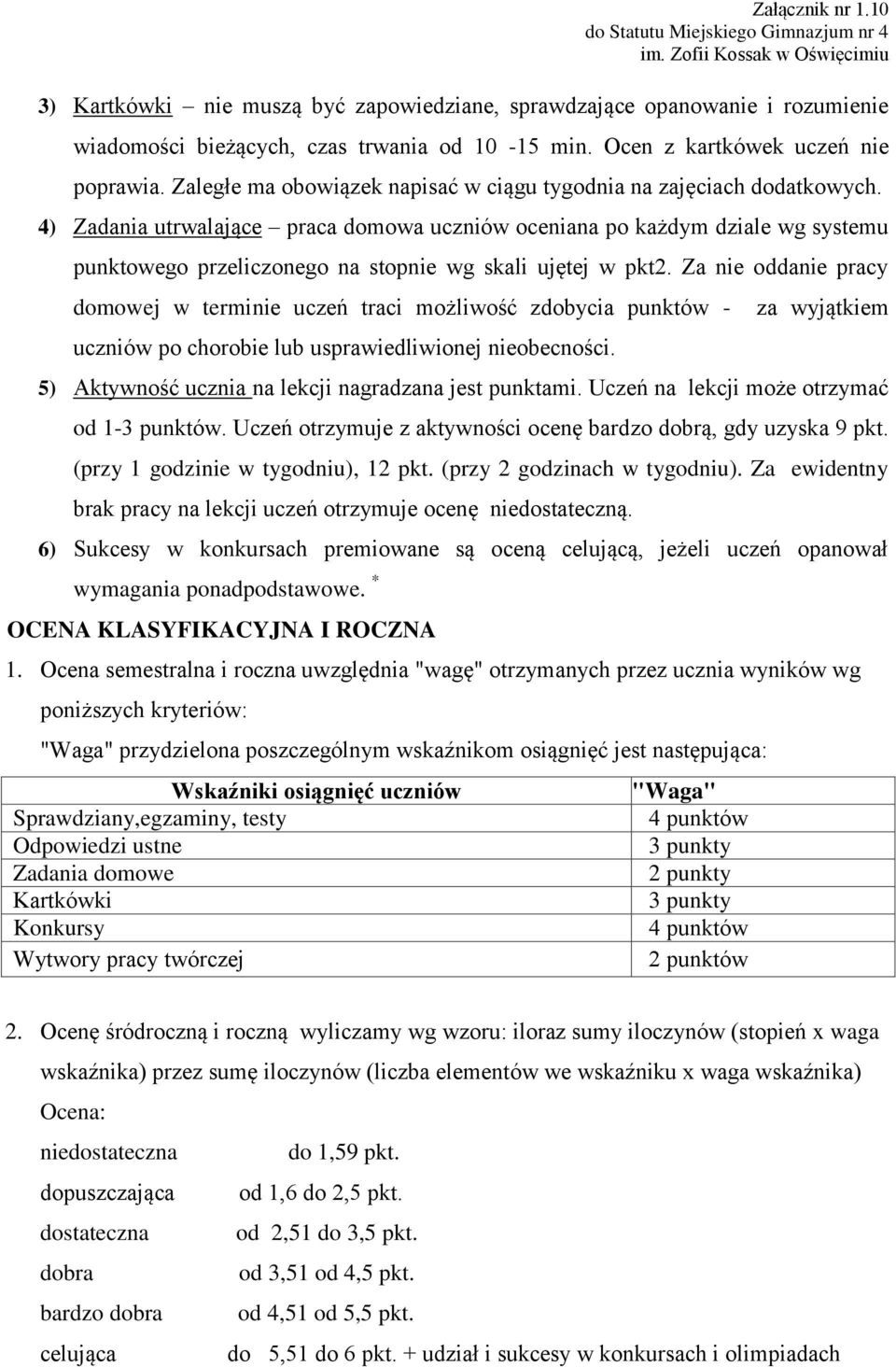 4) Zadania utrwalające praca domowa uczniów oceniana po każdym dziale wg systemu punktowego przeliczonego na stopnie wg skali ujętej w pkt2.