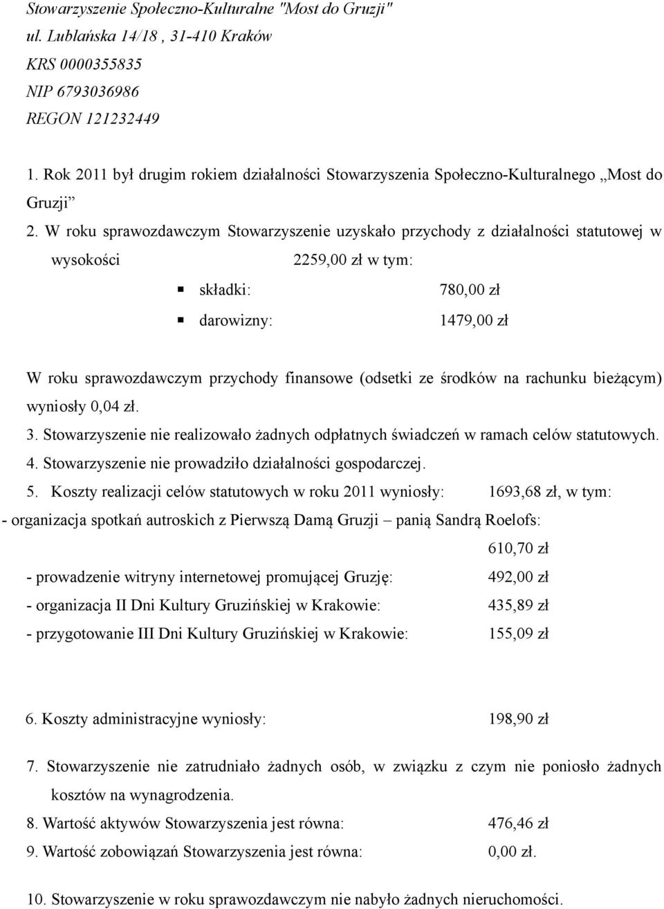 W roku sprawozdawczym Stowarzyszenie uzyskało przychody z działalności statutowej w wysokości 2259,00 zł w tym: składki: 780,00 zł darowizny: 1479,00 zł W roku sprawozdawczym przychody finansowe