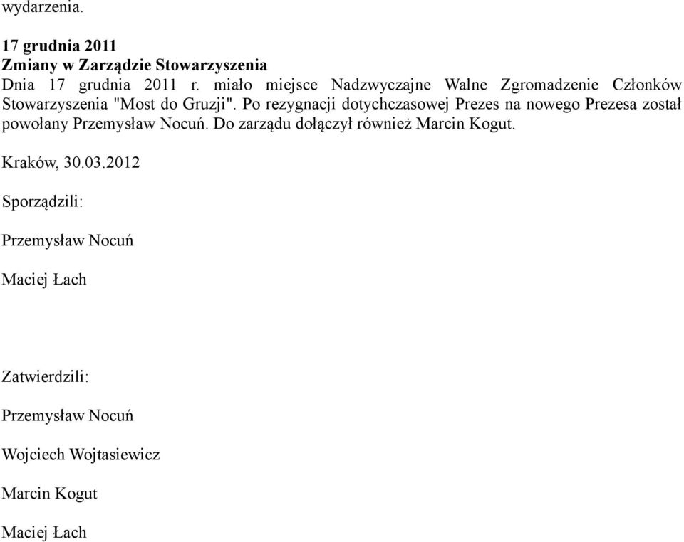 Po rezygnacji dotychczasowej Prezes na nowego Prezesa został powołany Przemysław Nocuń.