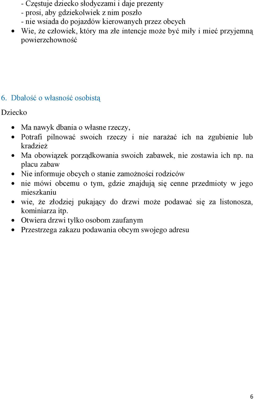 Dbałość o własność osobistą Dziecko Ma nawyk dbania o własne rzeczy, Potrafi pilnować swoich rzeczy i nie narażać ich na zgubienie lub kradzież Ma obowiązek porządkowania swoich zabawek,