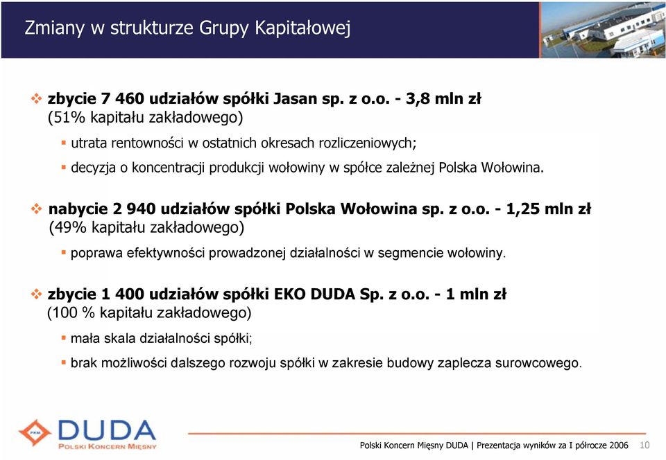 nabycie 2 940 udziałów spółki Polska Wołowina - 1,25 mln zł (49% kapitału zakładowego) poprawa efektywności prowadzonej działalności w segmencie