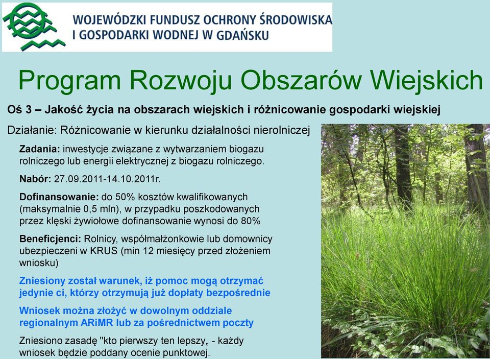 Dofinansowanie: do 50% kosztów kwalifikowanych (maksymalnie 0,5 mln), w przypadku poszkodowanych przez klęski żywiołowe dofinansowanie wynosi do 80% Beneficjenci: Rolnicy, współmałżonkowie lub