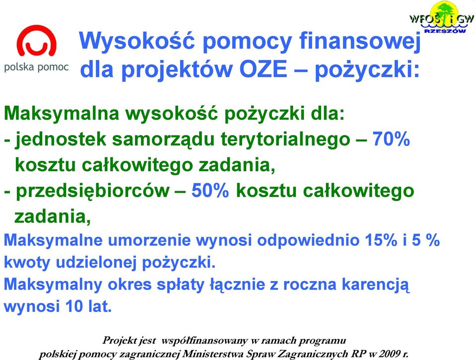 50% kosztu całkowitego zadania, Maksymalne umorzenie wynosi odpowiednio d i 15% i 5 %