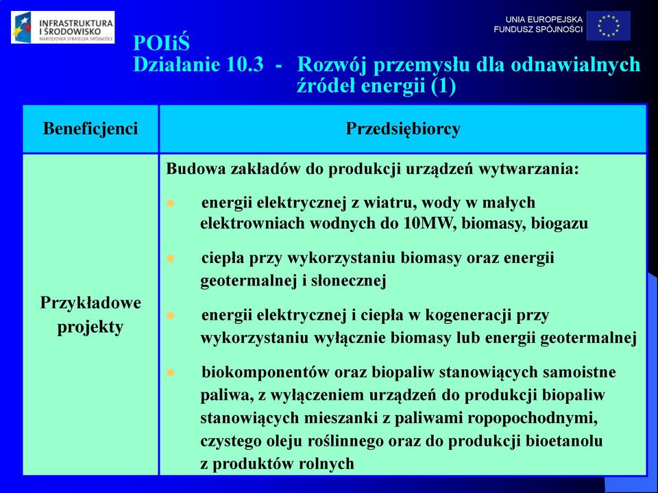 małych elektrowniach wodnych do 10MW, biomasy, biogazu Przykładowe projekty ciepła przy wykorzystaniu biomasy oraz energii geotermalnej i słonecznej energii elektrycznej i