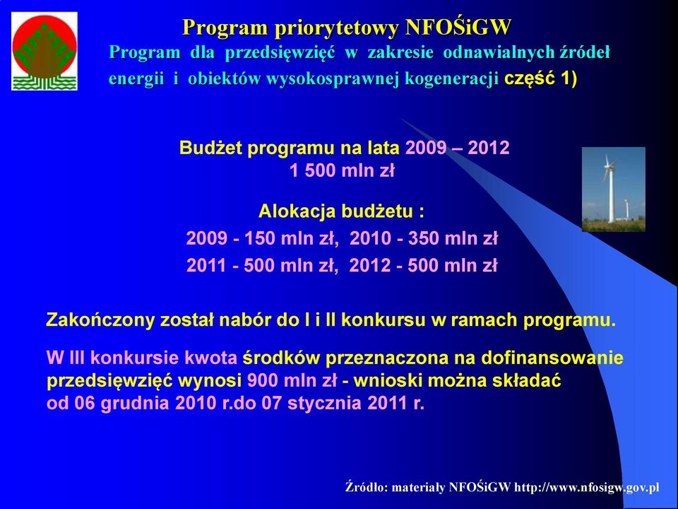 mln zł Zakończony został nabór do I i II konkursu w ramach programu.