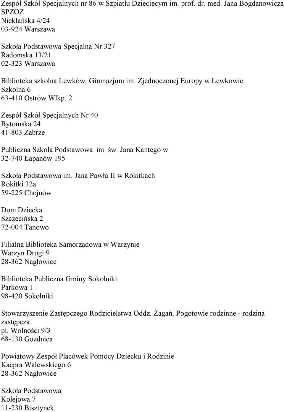 Zjednoczonej Europy w Lewkowie Szkolna 6 63-410 Ostrów Wlkp. 2 Zespół Szkół Specjalnych Nr 40 Bytomska 24 41-803 Zabrze Publiczna Szkoła Podstawowa im. św.