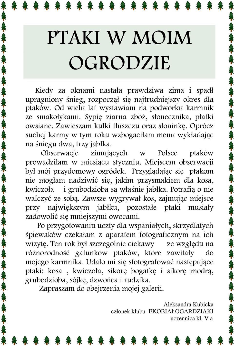 Obserwacje zimujących w Polsce ptaków prowadziłam w miesiącu styczniu. Miejscem obserwacji był mój przydomowy ogródek.