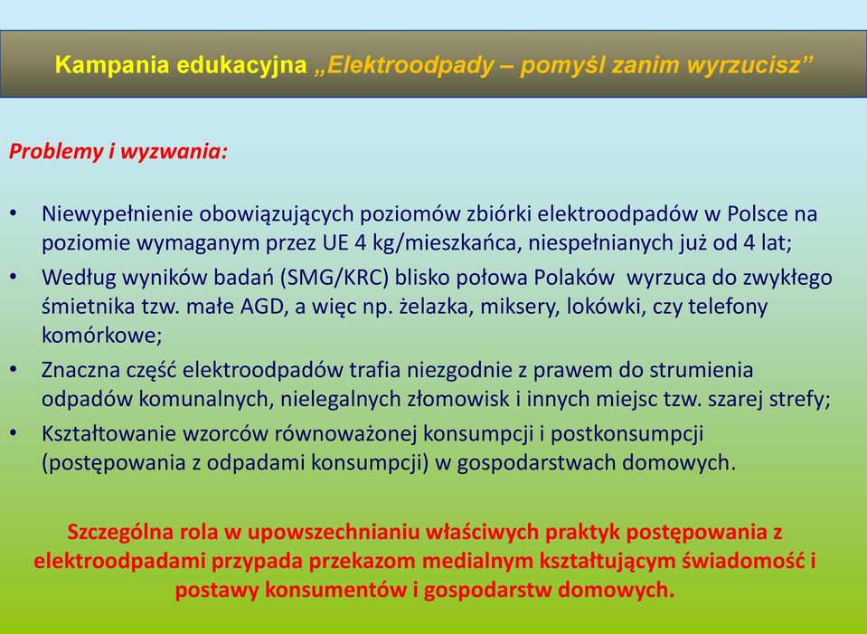 żelazka, miksery, lokówki, czy telefony komórkowe; Znaczna część elektroodpadów trafia niezgodnie z prawem do strumienia odpadów komunalnych, nielegalnych złomowisk i innych miejsc tzw.