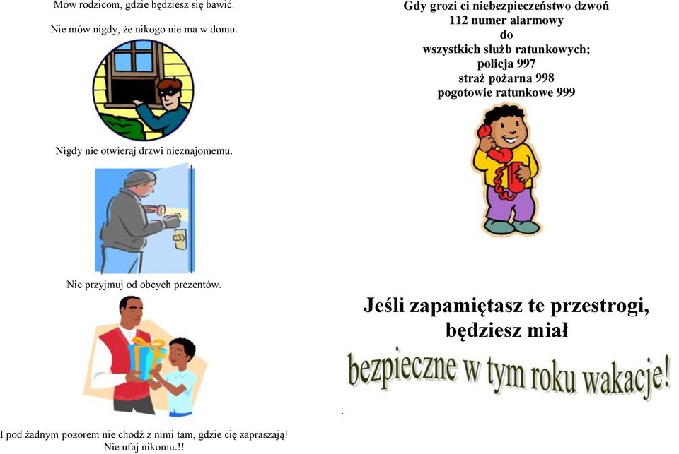 pożarna 998 pogotowie ratunkowe 999 Nigdy nie otwieraj drzwi nieznajomemu.