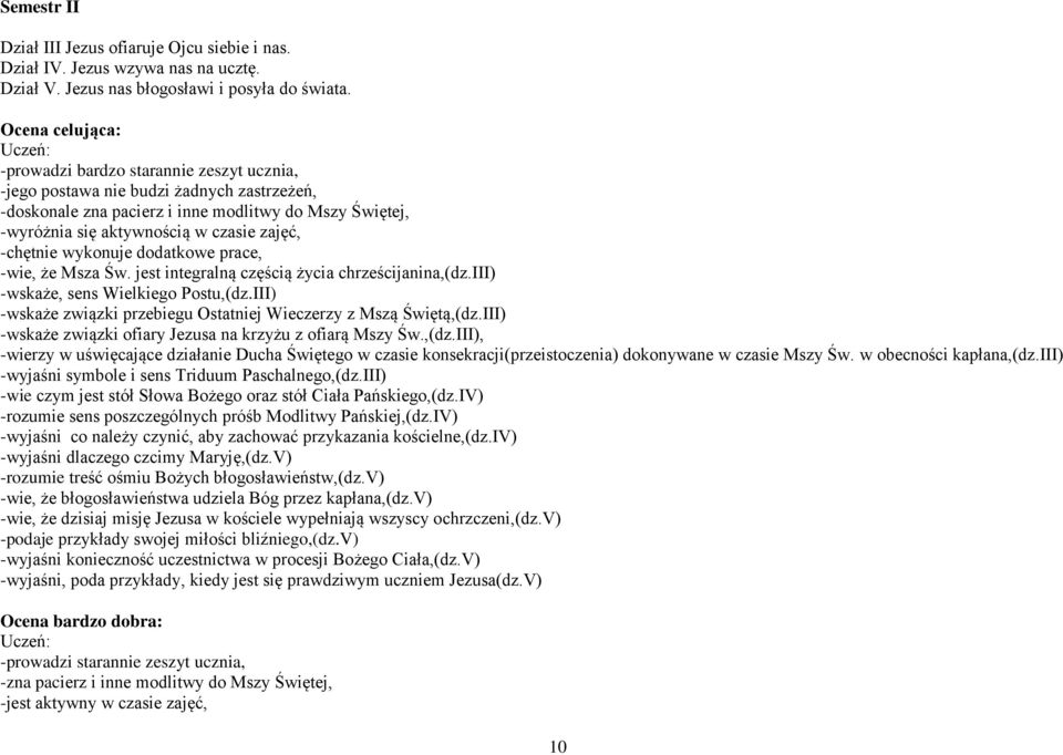 -chętnie wykonuje dodatkowe prace, -wie, że Msza Św. jest integralną częścią życia chrześcijanina,(dz.iii) -wskaże, sens Wielkiego Postu,(dz.