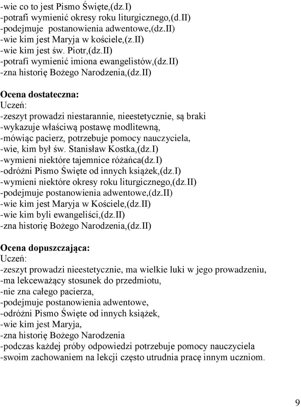 II) Ocena dostateczna: -zeszyt prowadzi niestarannie, nieestetycznie, są braki -wykazuje właściwą postawę modlitewną, -mówiąc pacierz, potrzebuje pomocy nauczyciela, -wie, kim był św.