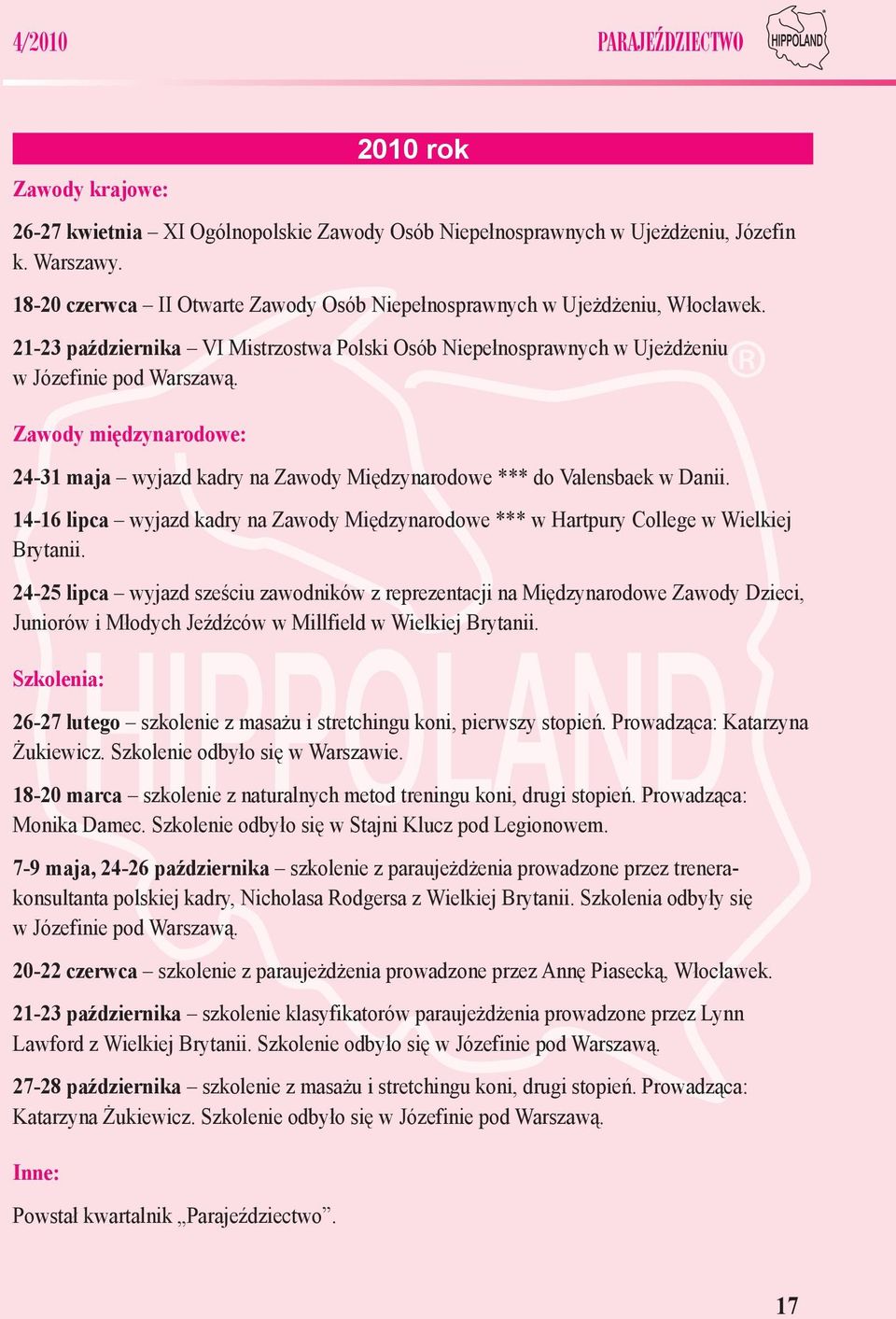 Zawody międzynarodowe: 24-31 maja wyjazd kadry na Zawody Międzynarodowe *** do Valensbaek w Danii. 14-16 lipca wyjazd kadry na Zawody Międzynarodowe *** w Hartpury College w Wielkiej Brytanii.