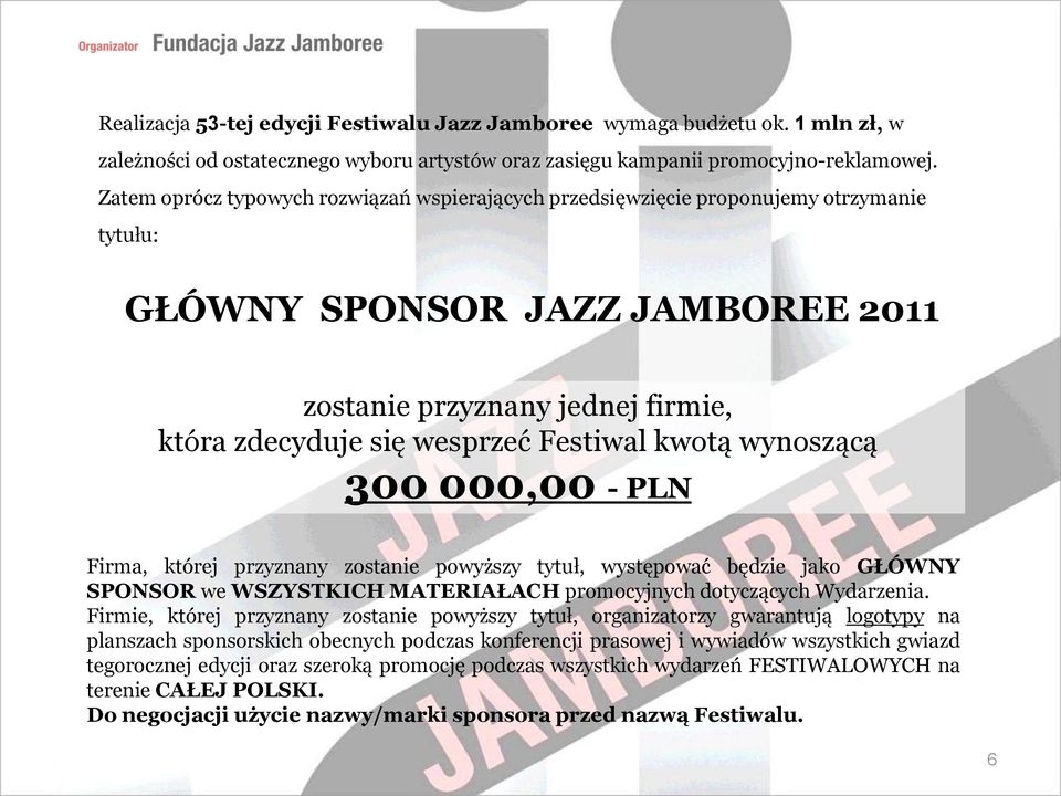 kwotą wynoszącą 300 000,00 - PLN Firma, której przyznany zostanie powyższy tytuł, występować będzie jako GŁÓWNY SPONSOR we WSZYSTKICH MATERIAŁACH promocyjnych dotyczących Wydarzenia.