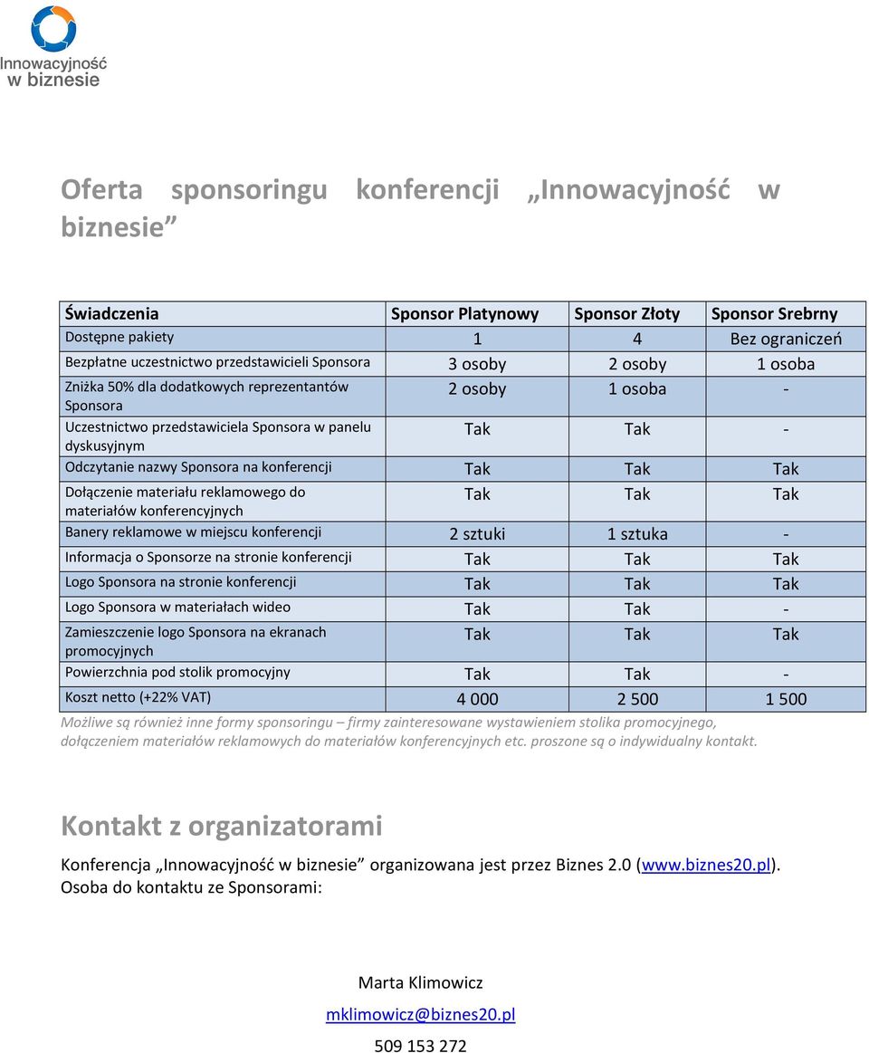 konferencji Tak Tak Tak Dołączenie materiału reklamowego do Tak Tak Tak materiałów konferencyjnych Banery reklamowe w miejscu konferencji 2 sztuki 1 sztuka - Informacja o Sponsorze na stronie