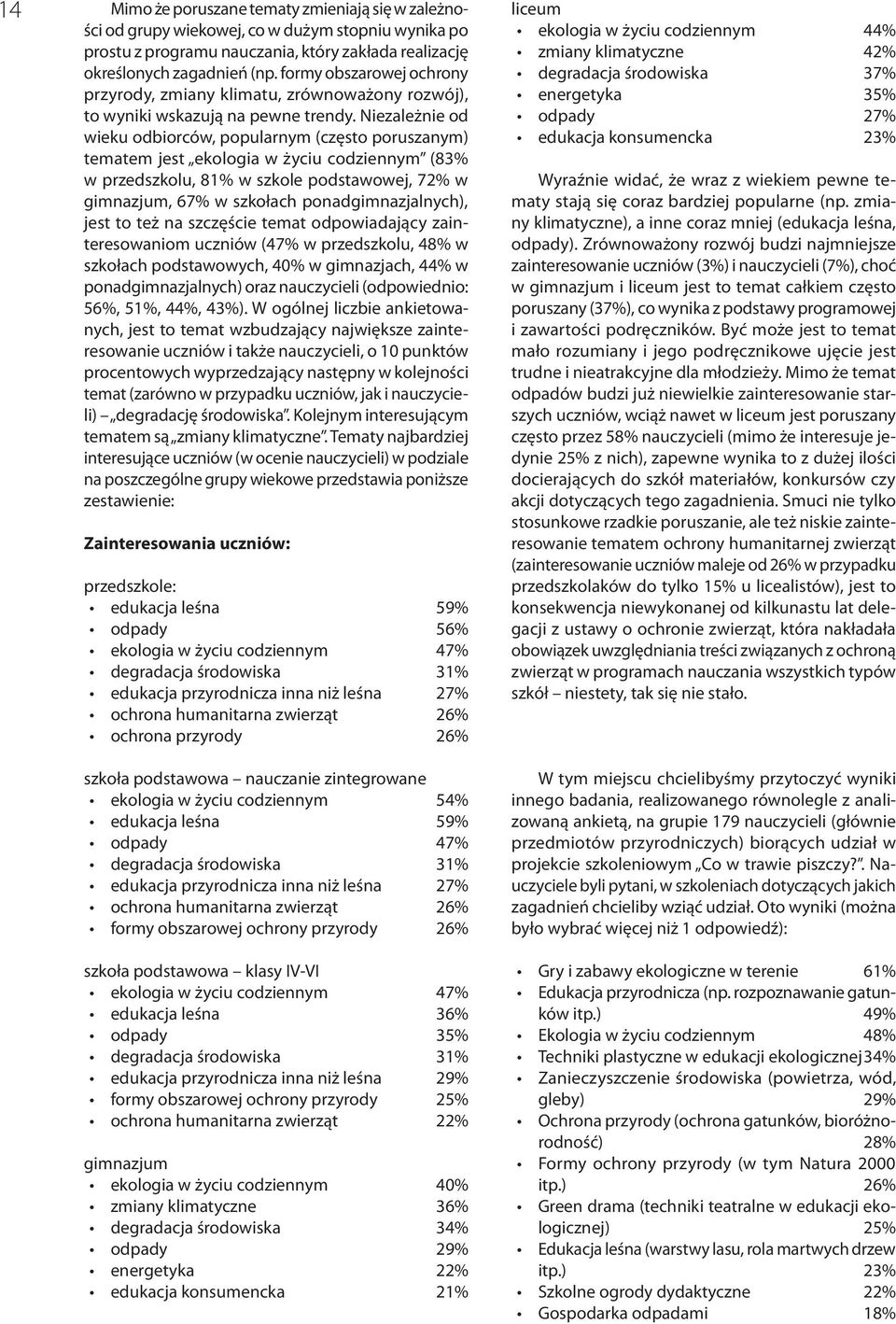 Niezależnie od wieku odbiorców, popularnym (często poruszanym) tematem jest ekologia w życiu codziennym (83% w przedszkolu, 81% w szkole podstawowej, 72% w gimnazjum, 67% w szkołach
