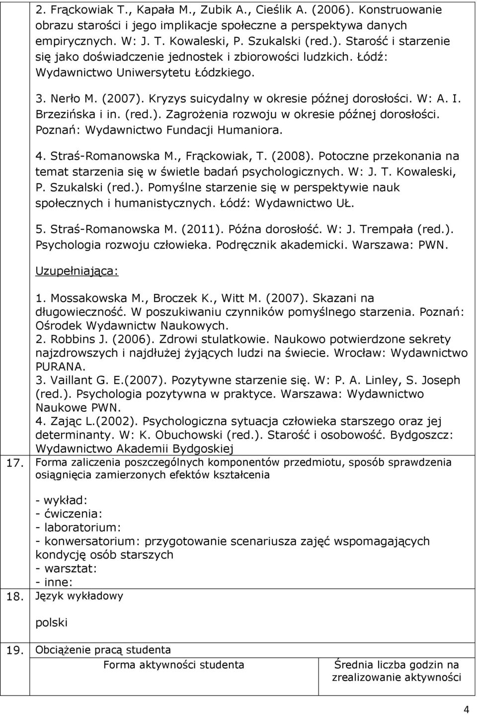 Poznań: Wydawnictwo Fundacji Humaniora. 4. Straś-Romanowska M., Frąckowiak, T. (2008). Potoczne przekonania na temat starzenia się w świetle badań psychologicznych. W: J. T. Kowaleski, P.