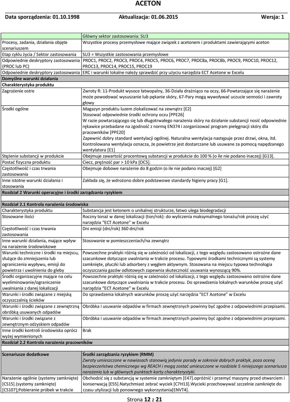 Odpowiednie deskryptory zastosowania ERC i warunki lokalne należy sprawdzić przy użyciu narzędzia ECT Acetone w Excelu Domyślne warunki działania Charakterystyka produktu Zagrożenie ostre Zwroty R: