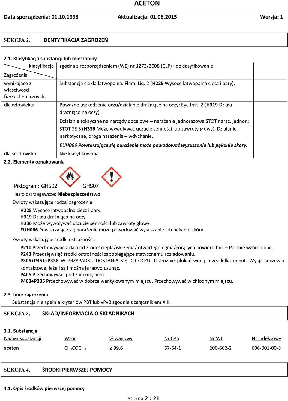 środowiska: 2.2. Elementy oznakowania Substancja ciekła łatwopalna: Flam. Liq. 2 (H225 Wysoce łatwopalna ciecz i pary). Poważne uszkodzenie oczu/działanie drażniące na oczy: Eye Irrit.