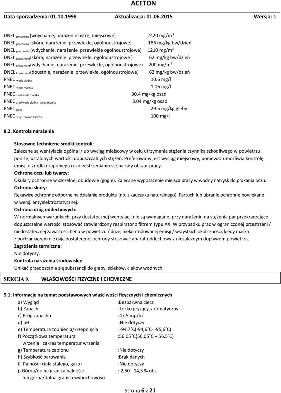 konsument (doustnie, narażenie przewlekłe, ogólnoustrojowe) 62 mg/kg bw/dzień PNEC woda słodka 10.6 mg/l PNEC woda morska 1.06 mg/l PNEC osad woda morska 30.