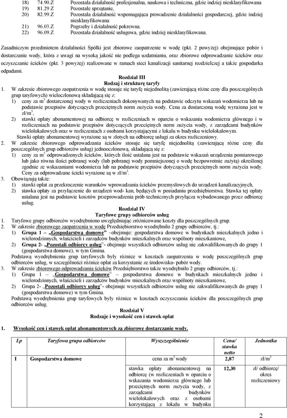 Z Pozostała działalność usługowa, gdzie indziej niesklasyfikowana. Zasadniczym przedmiotem działalności Spółki jest zbiorowe zaopatrzenie w wodę (pkt.