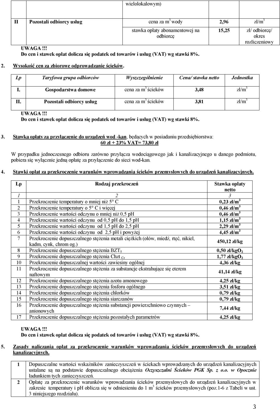 Pozostali odbiorcy usług cena za m 3 ścieków 3,81 zł/m 3 3.